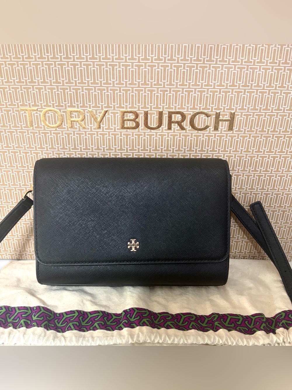 Tory Burch Black Leather Small Crossbody with Gold Logo
